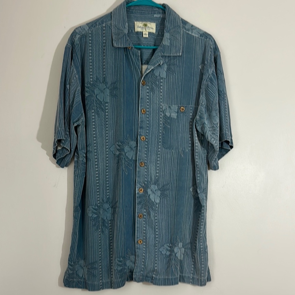 Island Shores, washable silk Blue Floral Men's Shirt size LT